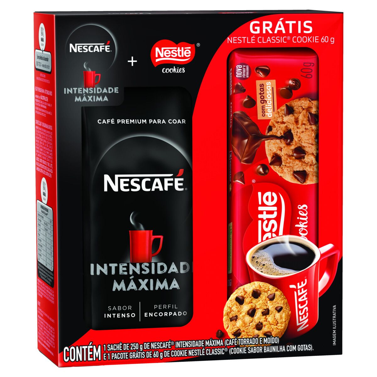 Kit Café Torrado e Moído Intenso Nescafé Intensidade Máxima Premium 250g Grátis Biscoito Cookie Baunilha com Gotas Nestlé Classic 60g