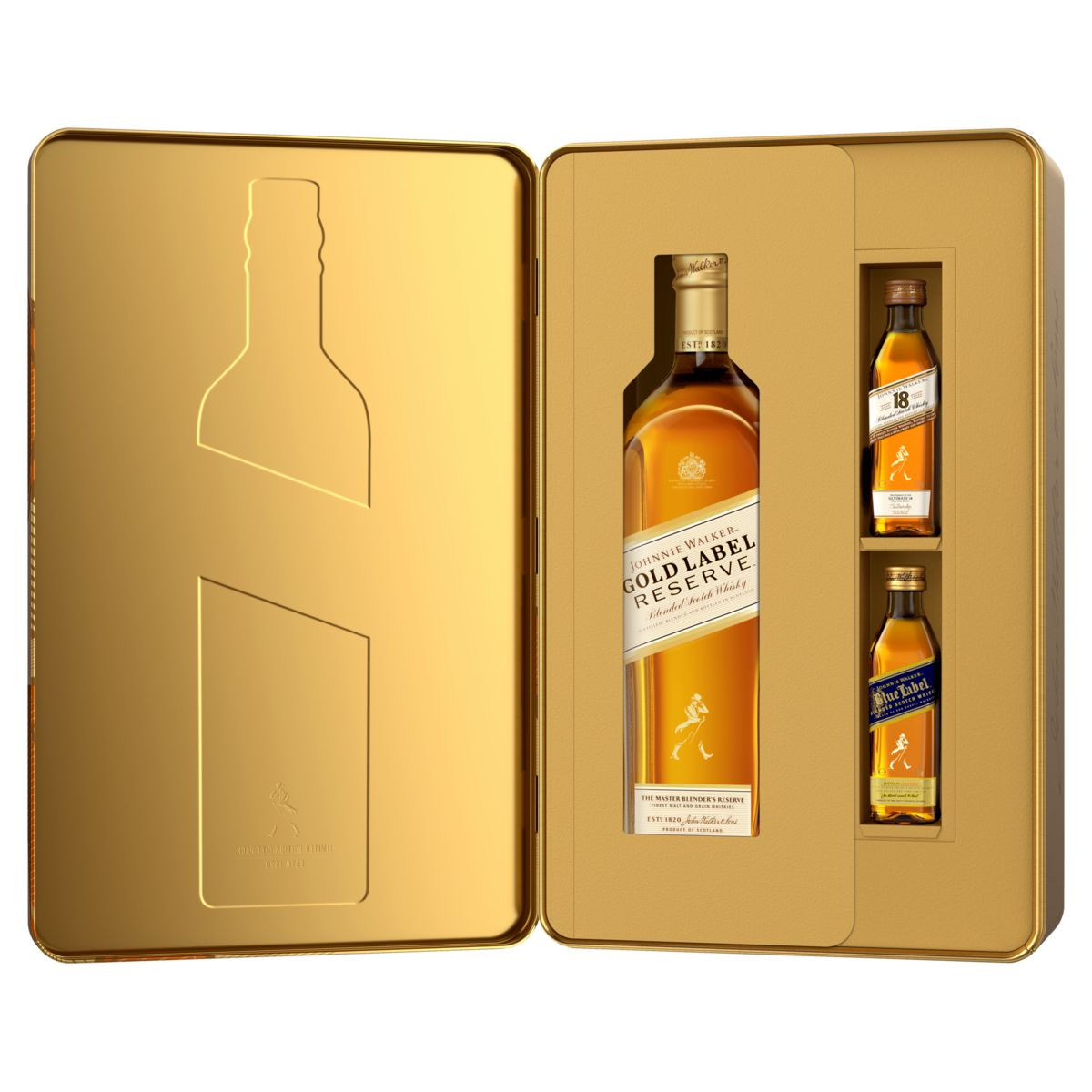 Kit Whisky Johnnie Walker Gold Label Reserve 750ml + Aged 50ml + Blue Label 50ml image number 4