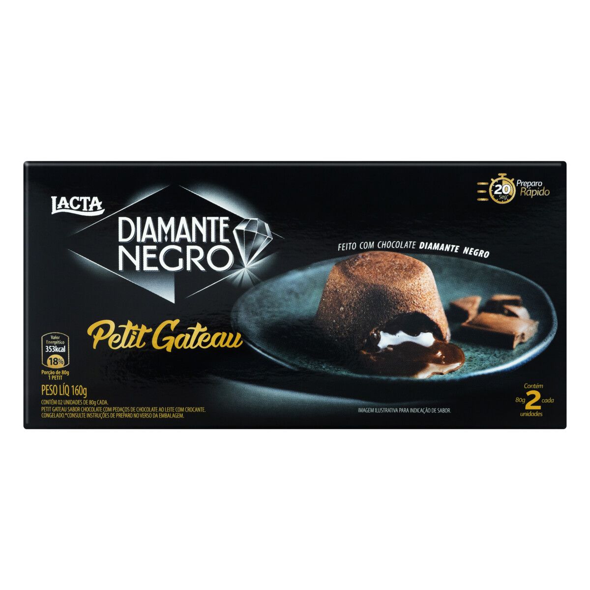 Petit Gâteau Congelado Chocolate Recheio Diamante Negro Lacta Caixa 160g 2 Unidades
