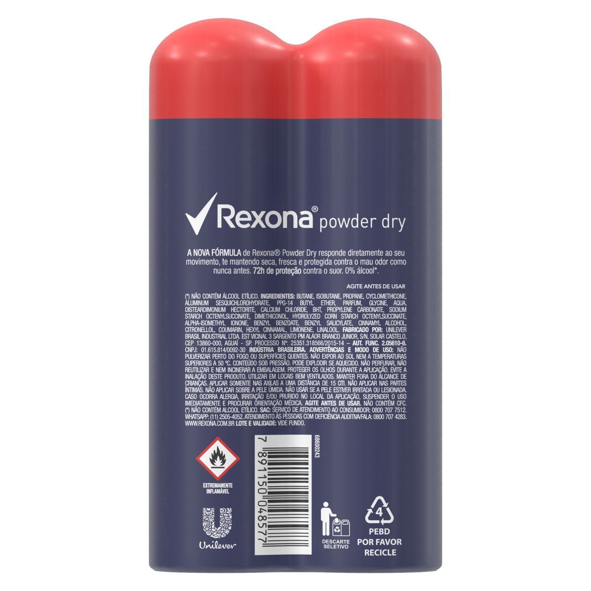 Desodorante Antitranspirante Aerosol Feminino Rexona Powder Dry 72 Horas 2 X 150ml image number 1