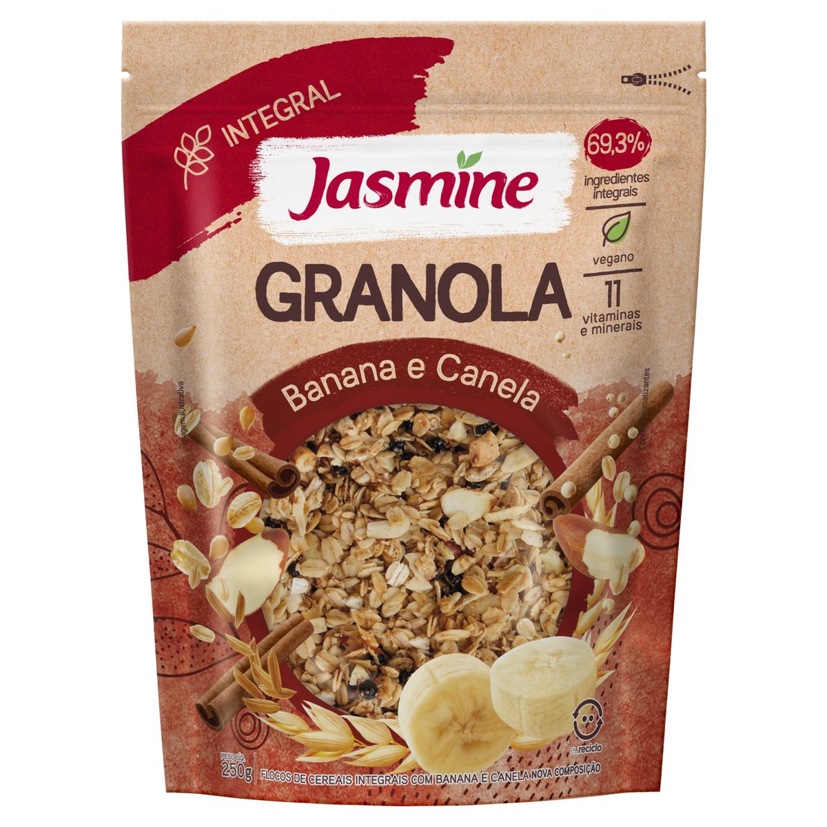 Granola Jasmine 69,3% Integral Banana e Canela Pouch 250g