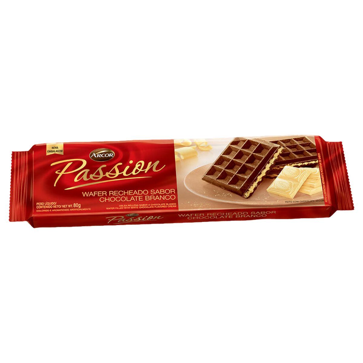 Biscoito Wafer Chocolate Branco Arcor Passion Pacote 80g