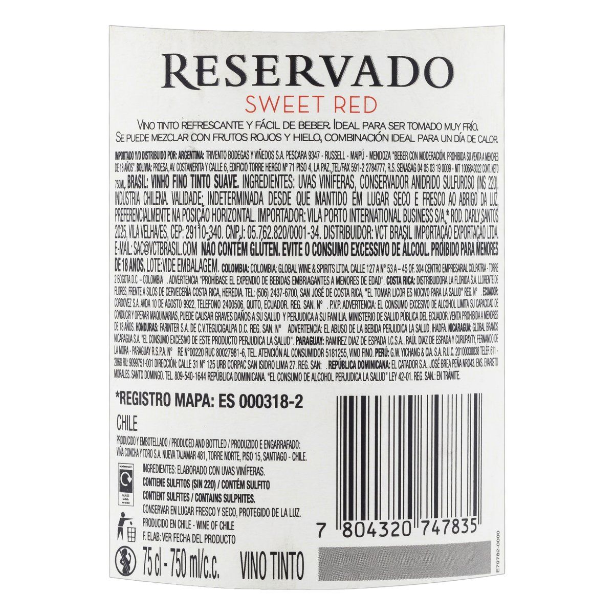 Vinho Chileno Tinto Suave Sweet Red Reservado Garrafa 750ml image number 3