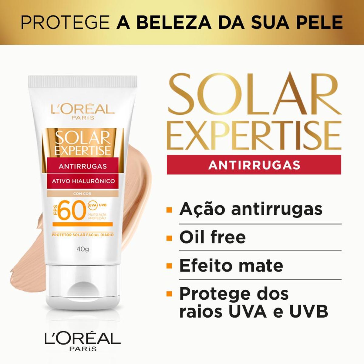 Protetor Solar Facial L'Oréal Paris Solar Expertise Antirrugas Com Cor FPS 60, 40g image number 1