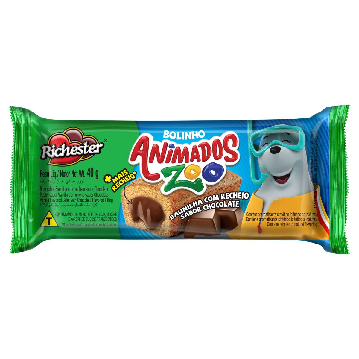 Bolinho Baunilha Recheio Chocolate Richester Animados Zoo Pacote 40g