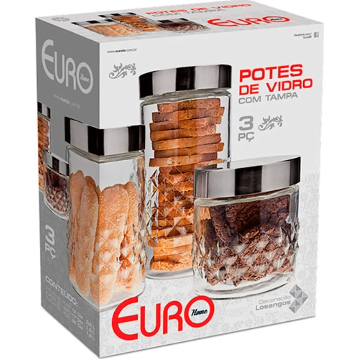 Conjunto Pote de Vidros Euro Losango 3 Peças