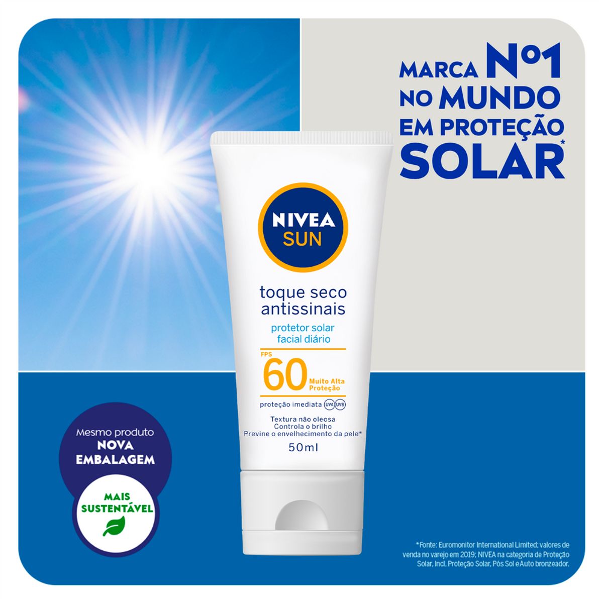 Nivea Sun Protetor Solar Facial Toque Seco Antissinais FPS60 50ml image number 1