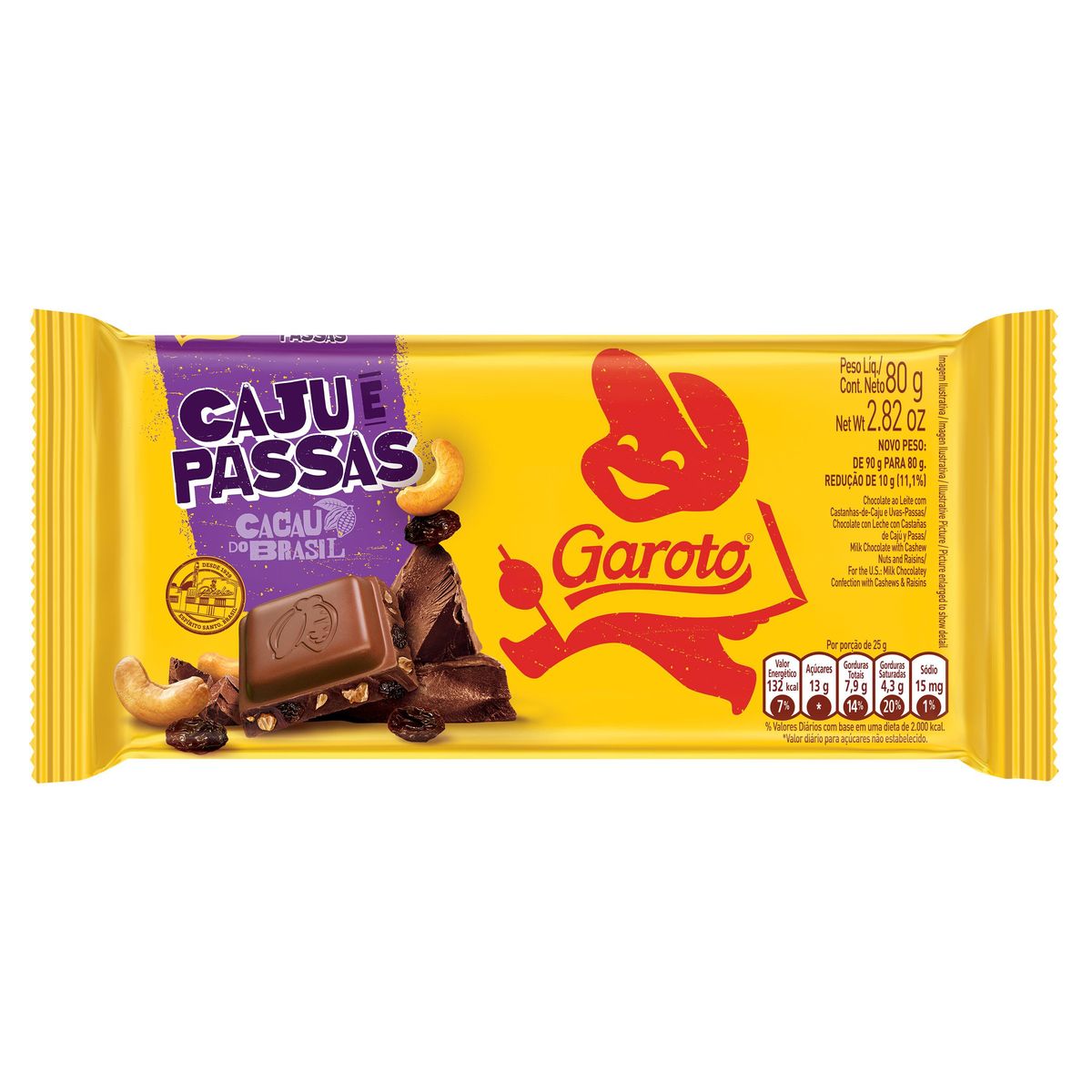 Chocolate Garoto Caju com Passas Tablete 80g image number 0