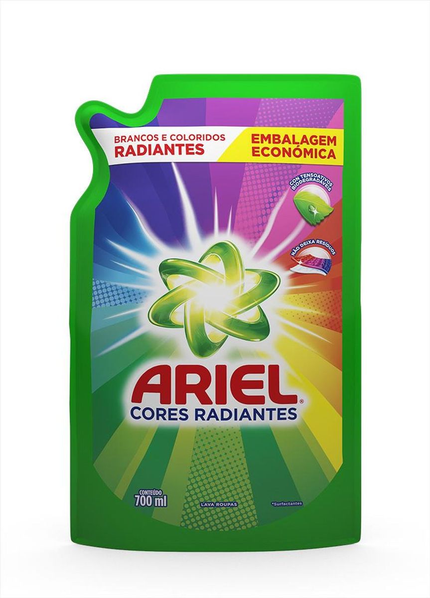Lava Roupas Líquido Ariel Cores Radiantes Sachê 700ml Embalagem Econômica