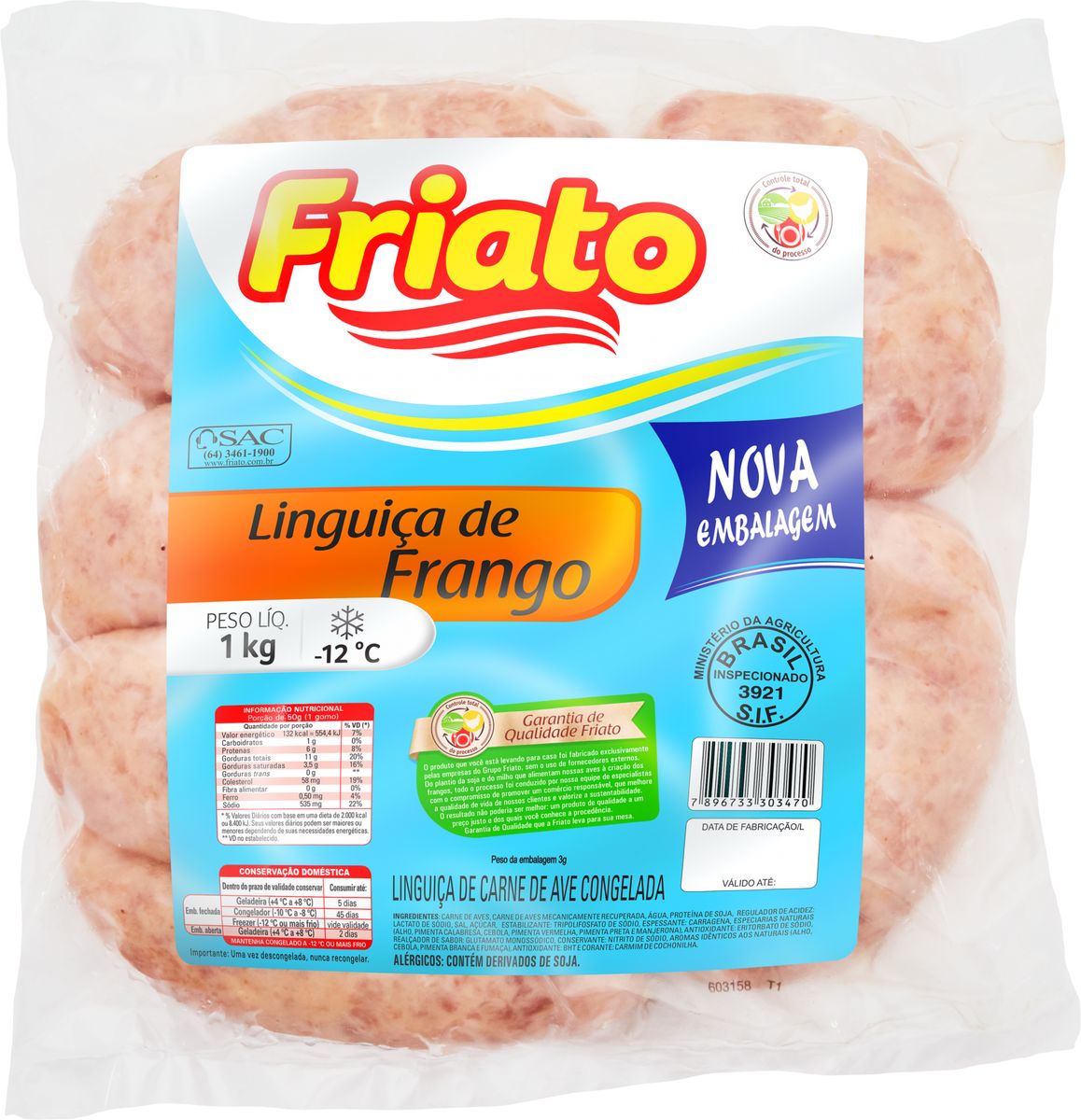 Linguiça de Frango Friato Congelada Pacote 1kg