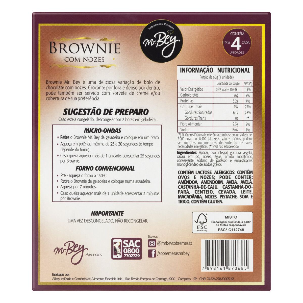 Brownie Chocolate com Nozes Mr. Bey Sobremesas Premium Caixa 240g 4 Unidades image number 1