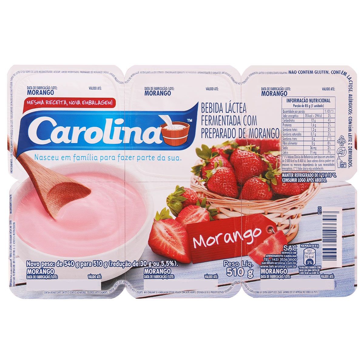 Bebida Láctea Carolina Morango Cartela 510g