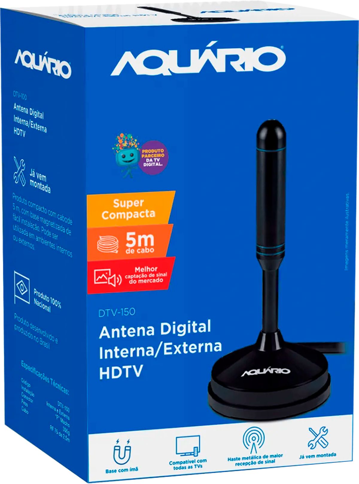 Antena Digital Aquário Interna Externa HDTV Cabo 5m