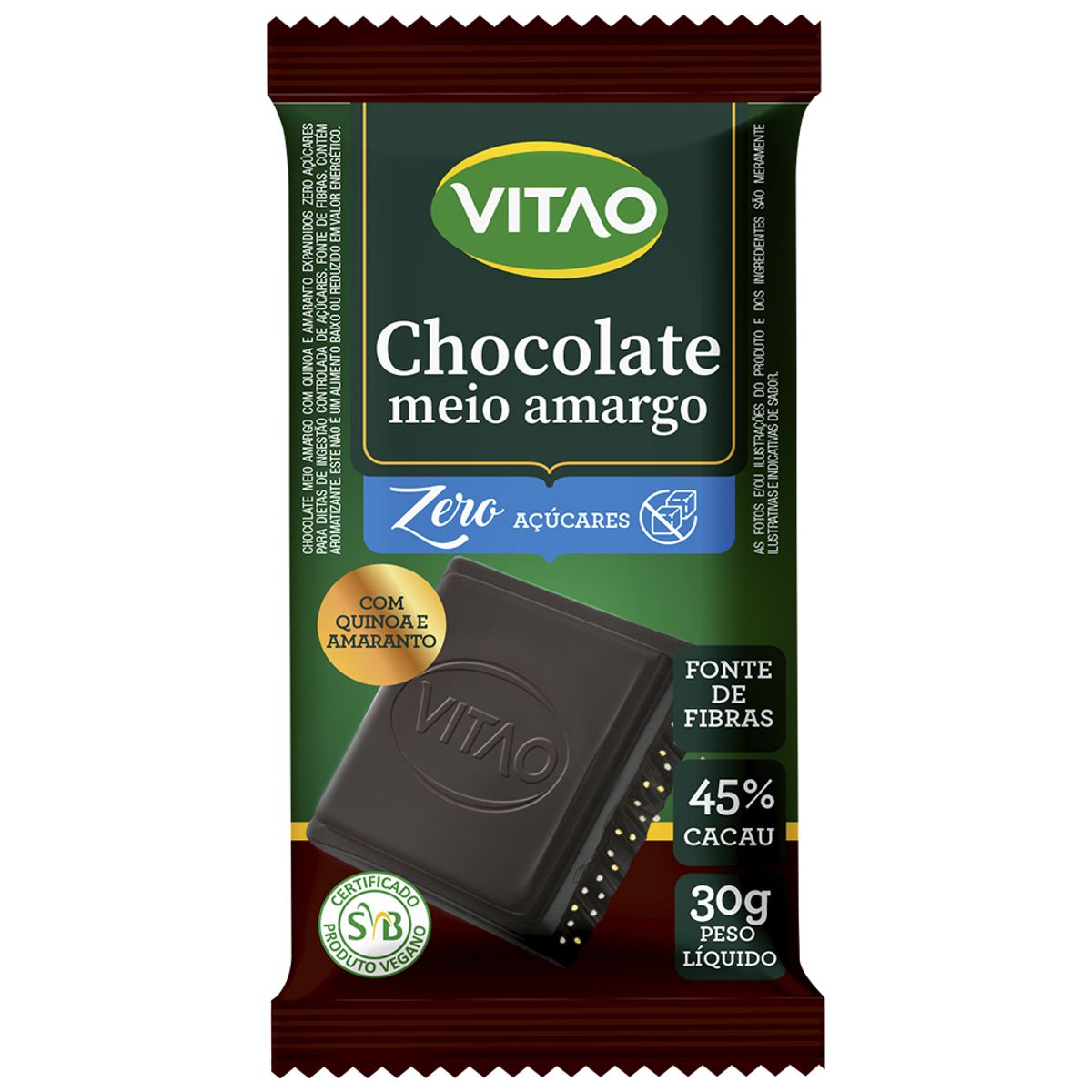 Chocolate Meio Amargo 45% Cacau com Grãos Ancestrais Zero Açúcar Vitao Pacote 30g