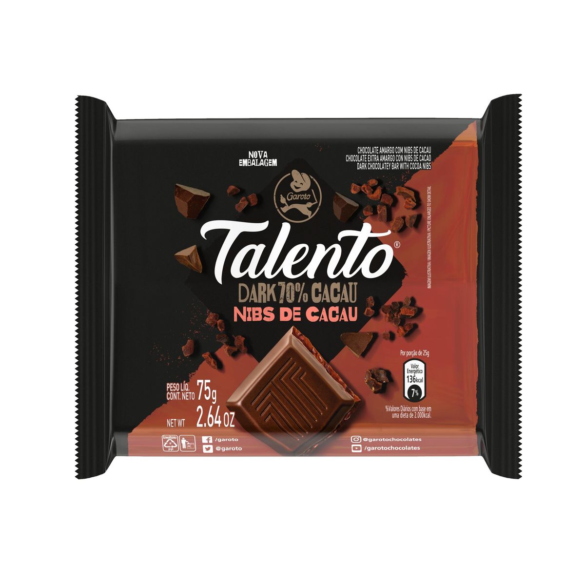 Chocolate Talento Dark 70% Cacau Nibs de Cacau 75g