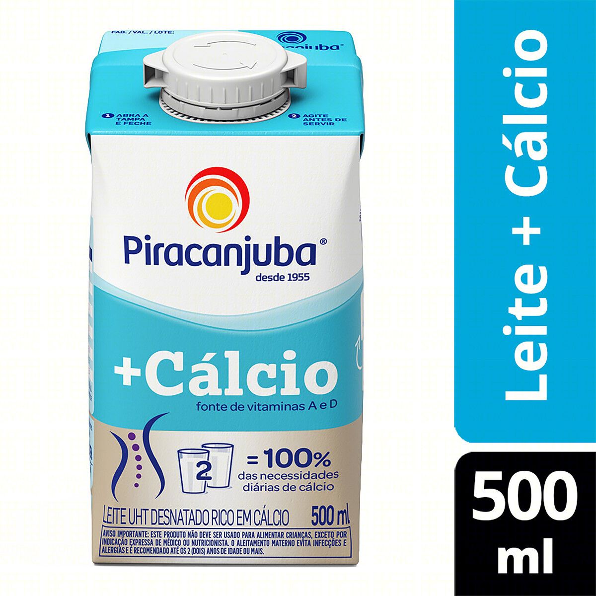 Leite UHT Desnatado Piracanjuba +Cálcio Caixa com Tampa 500ml image number 1