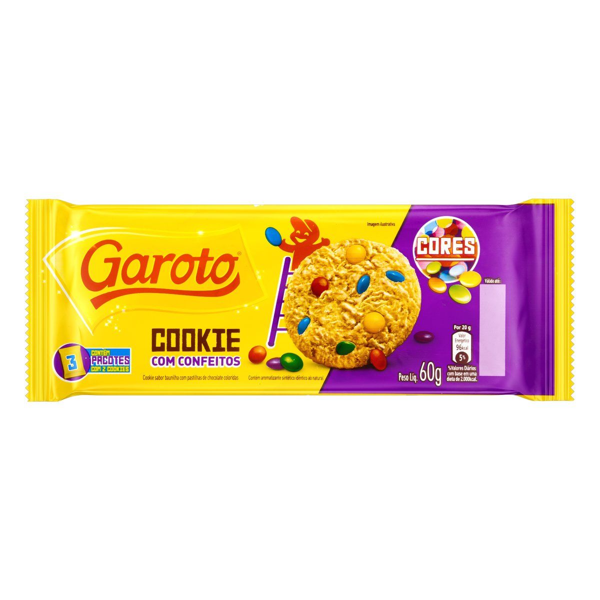 Biscoito Cookie Baunilha com Confeitos de Chocolate Garoto Cores Pacote 60g