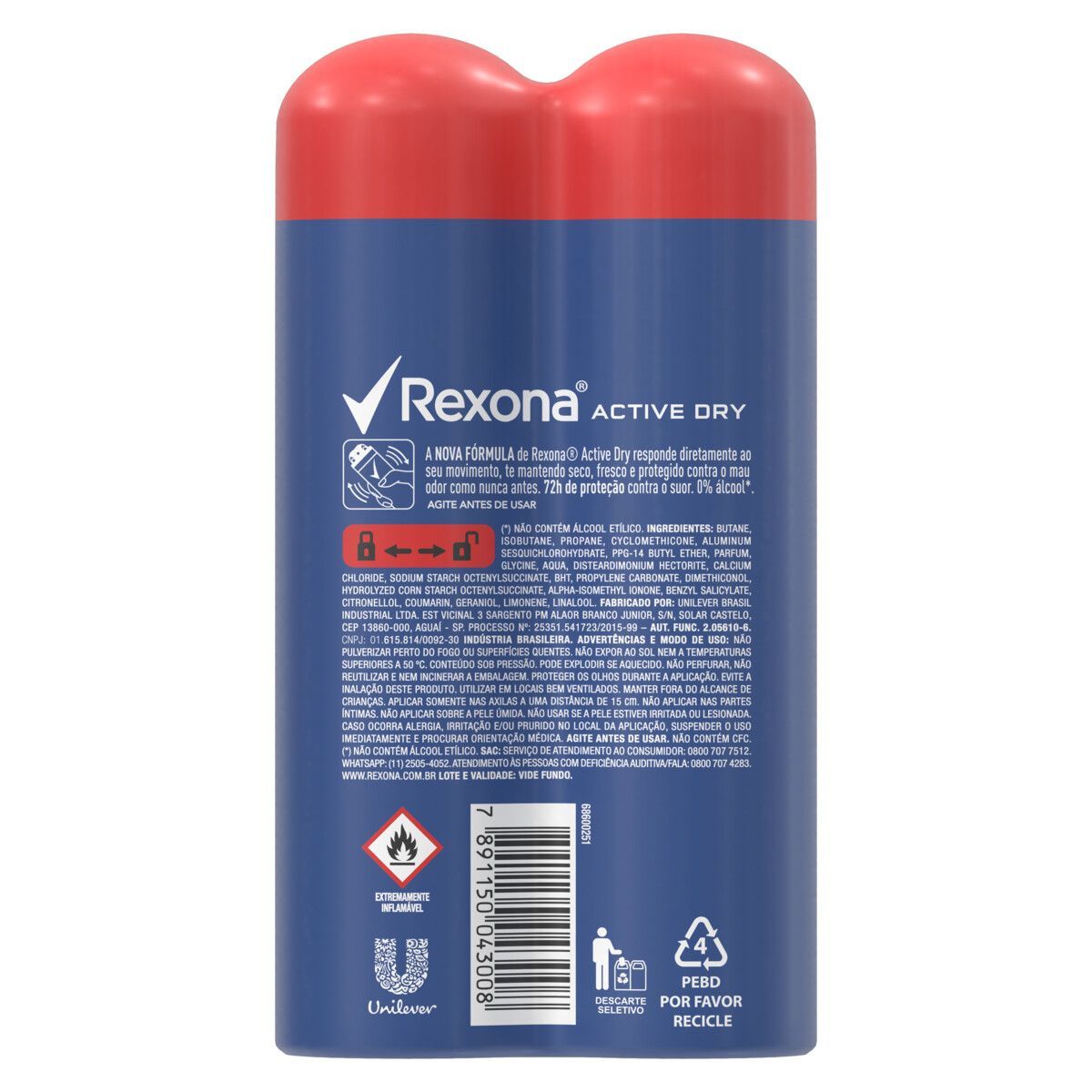 Desodorante Antitranspirante Aerosol Masculino Rexona Active Dry 72 Horas 2 X 150ml image number 2