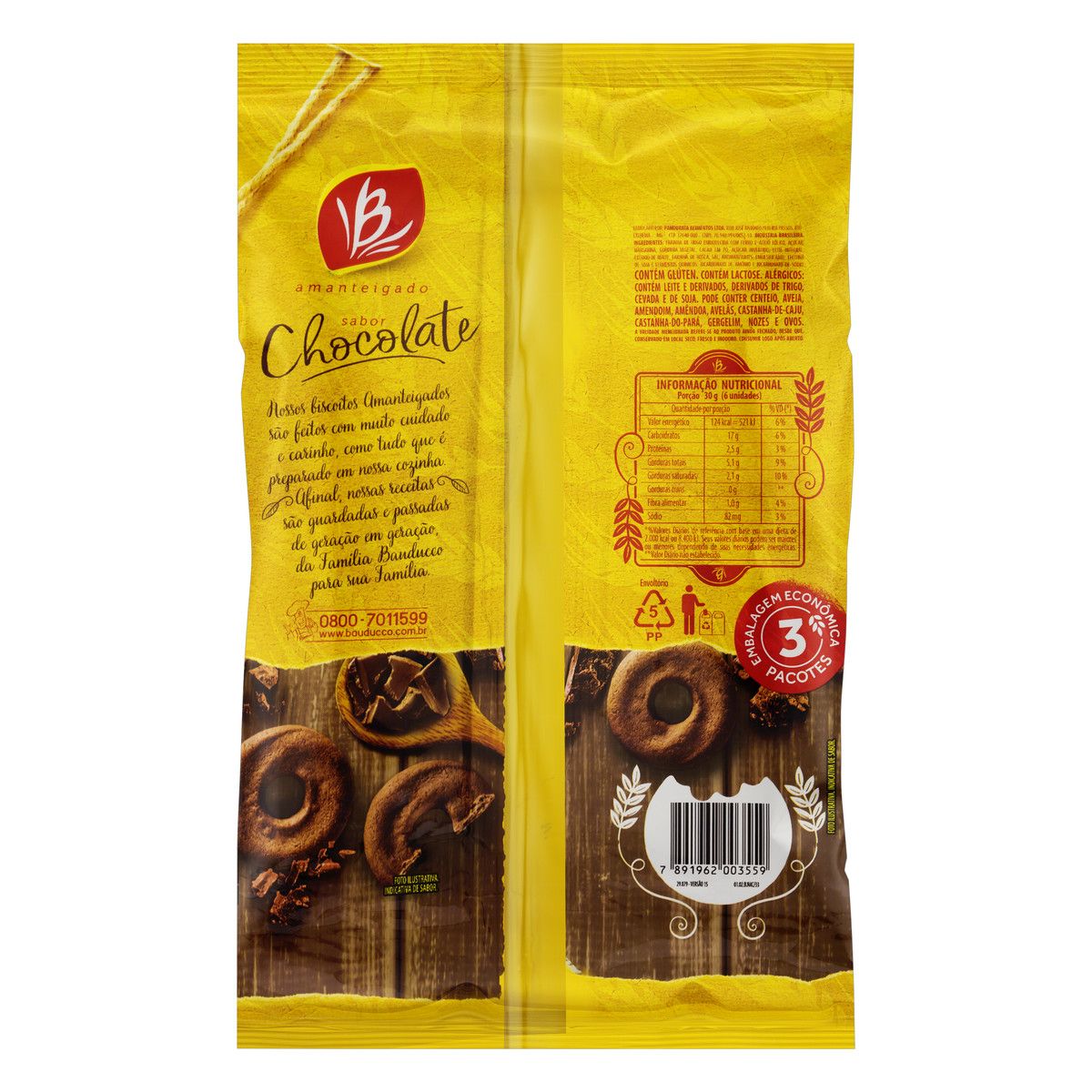 Biscoito Amanteigado Chocolate Bauducco Pacote 335g Embalagem Econômica image number 1