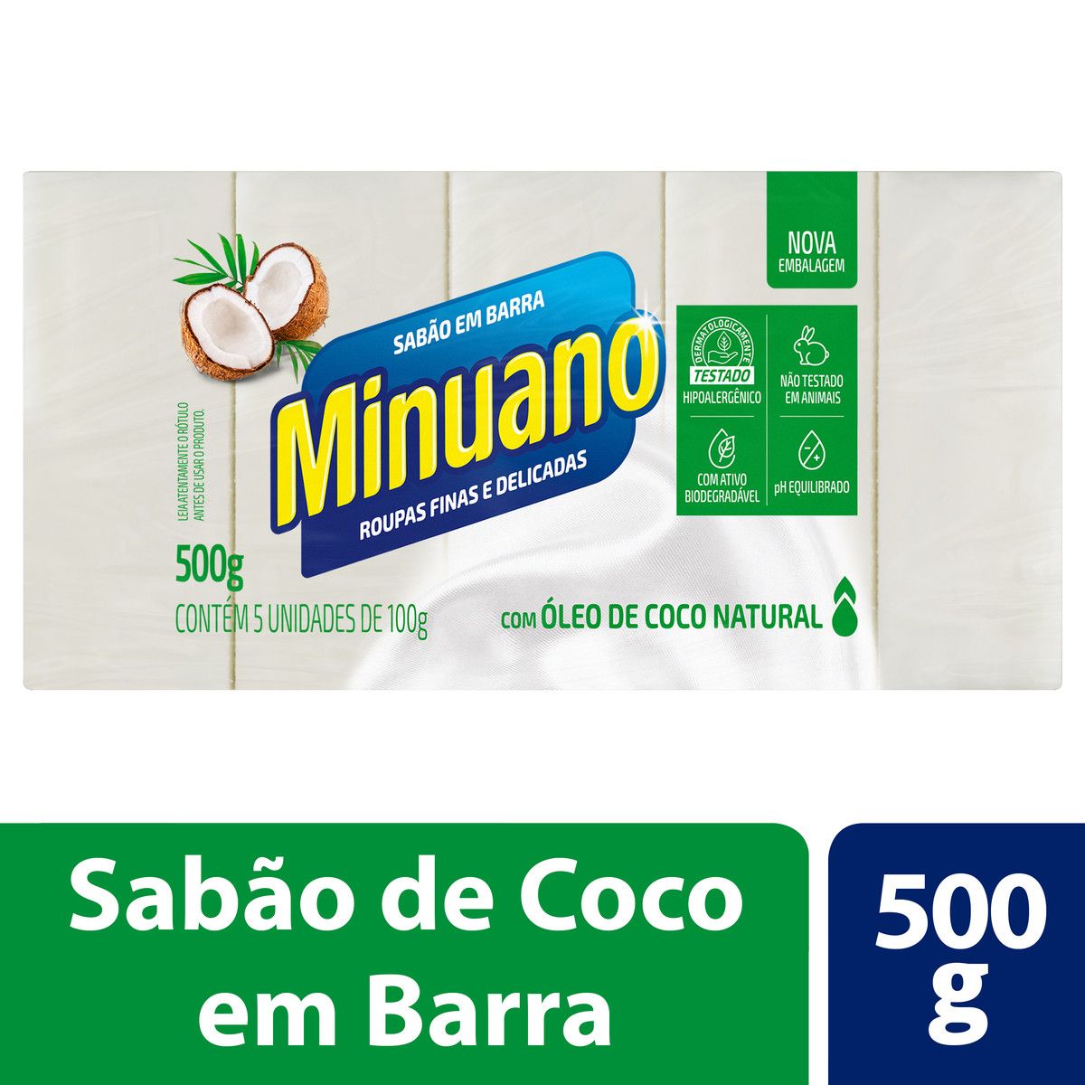 Sabão Barra Coco Minuano Pacote 500g 5 Unidades image number 1