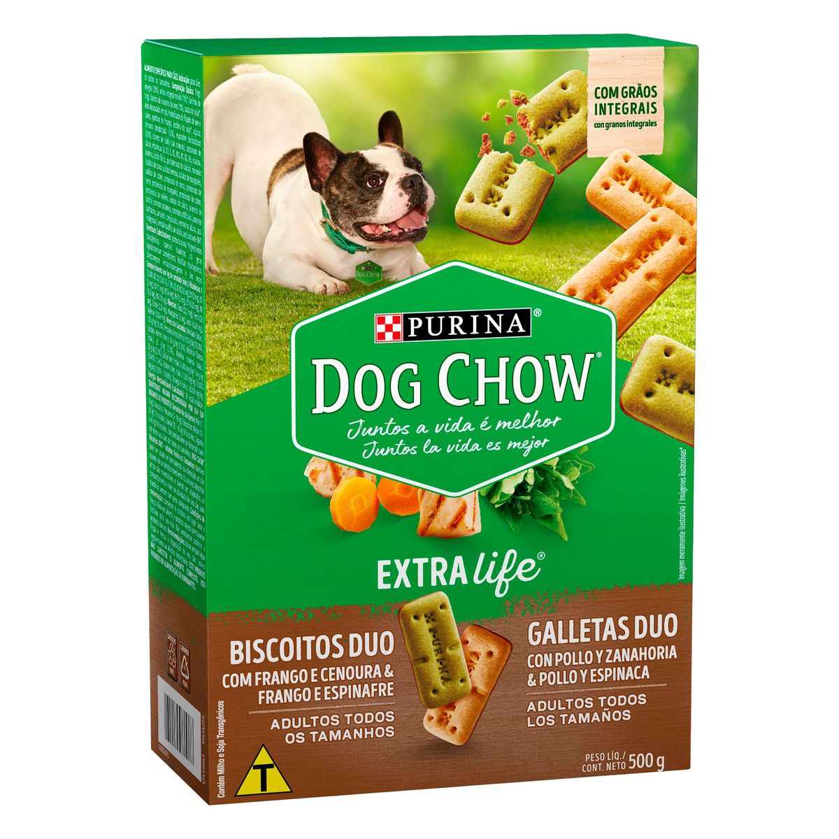 Biscoito para Cães Adultos Duo Frango e Cenoura & Frango e Espinafre Purina Dog Chow Extra Life Caixa 500g