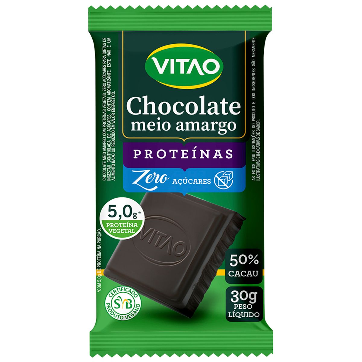 Chocolate Vitao Meio Amargo Zero Açúcar 50% Cacau 30g