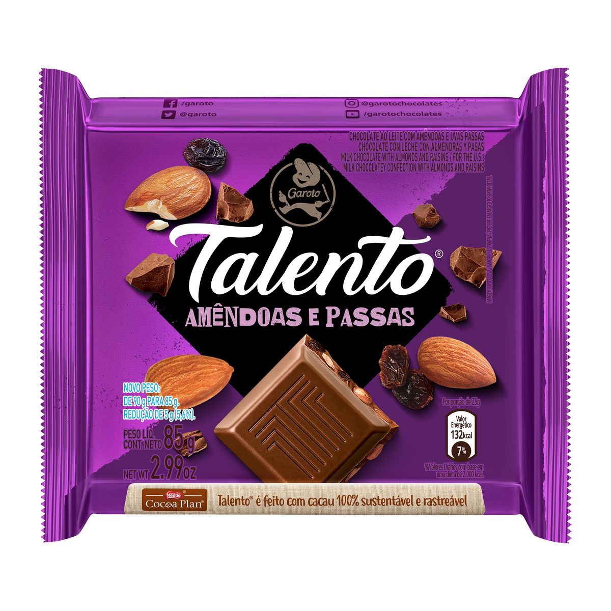 Chocolate Barra Talento Amêndoas e Passas 85g