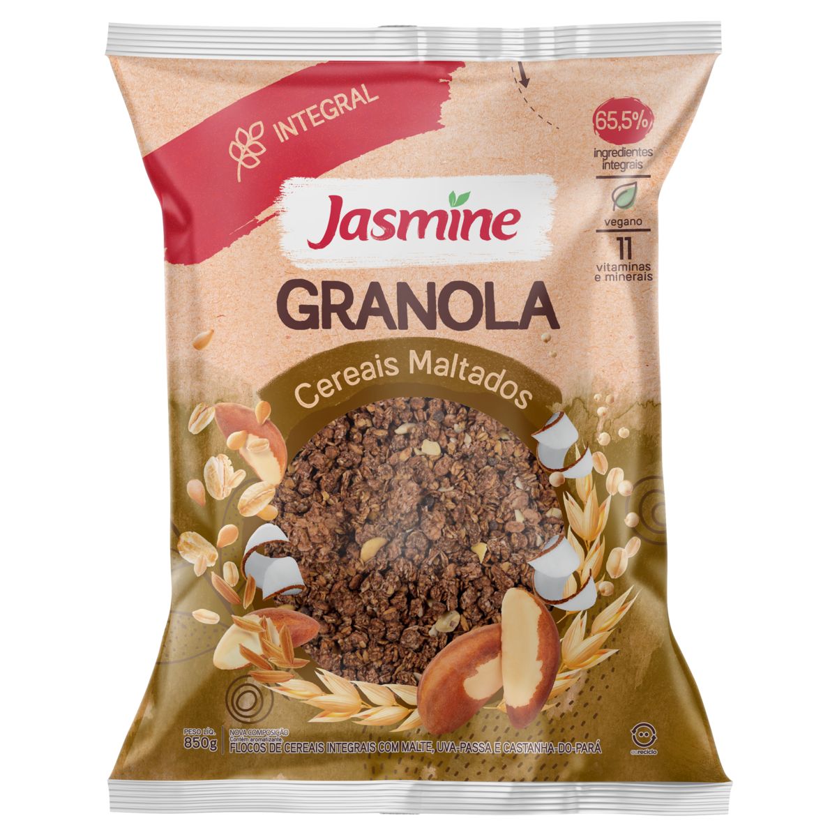 Granola Jasmine 65,5% Integral Cereais Maltados Pacote 850g