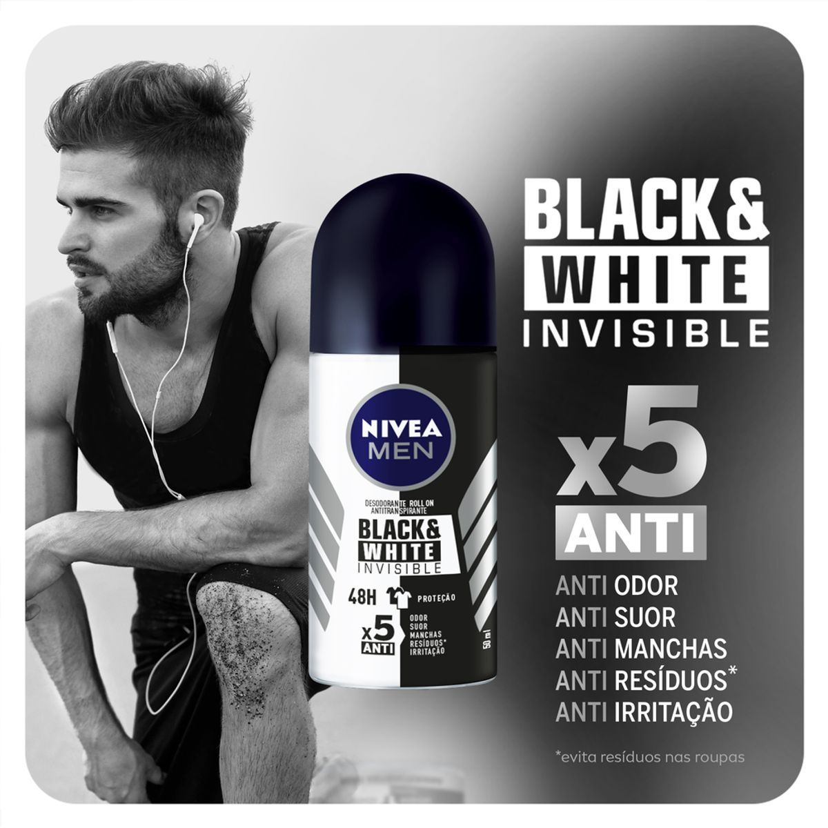 Desodorante Roll-On Nivea Men Invisible Black & White 50ml image number 1