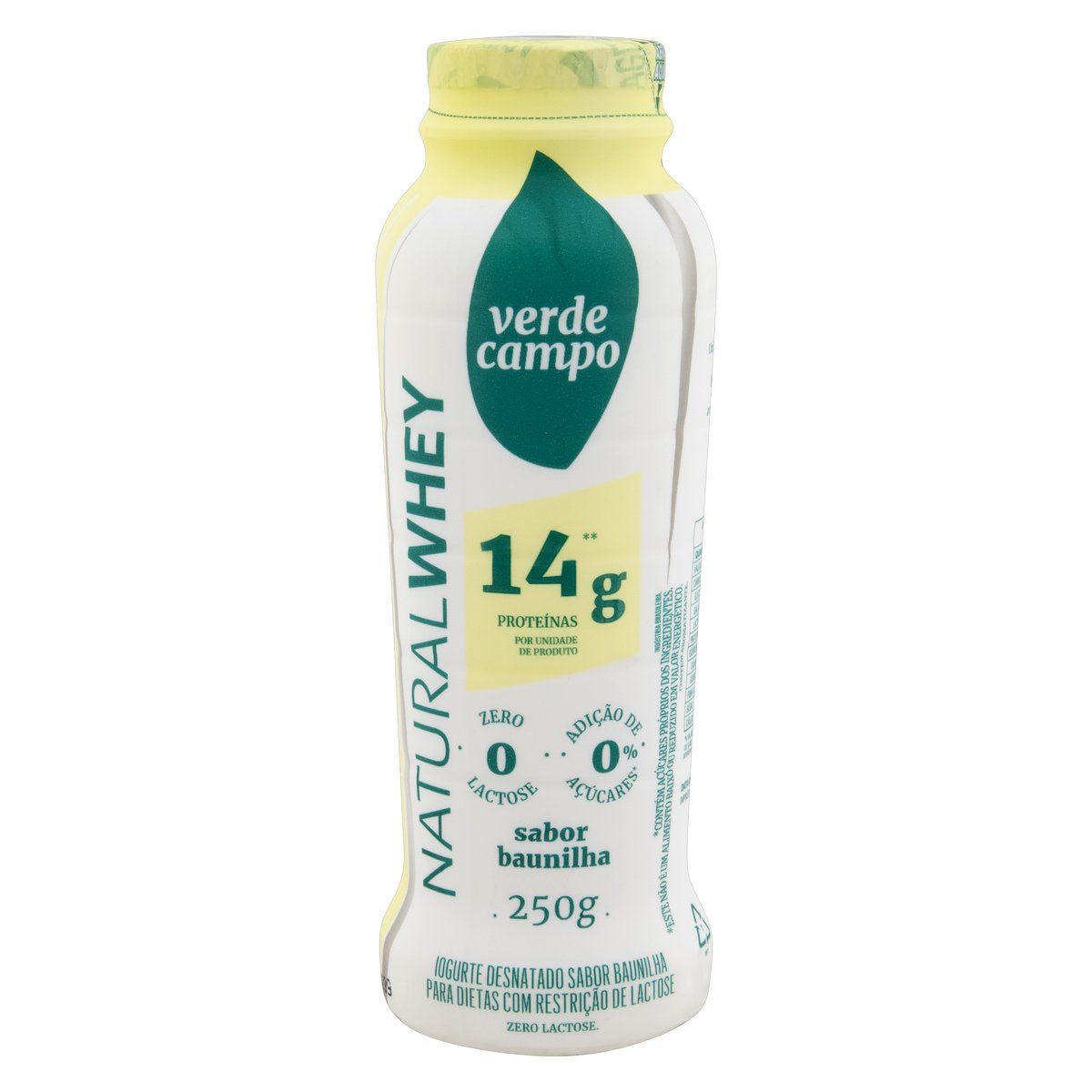Iogurte Desnatado Baunilha Zero Lactose Verde Campo Natural Whey 14g de Proteína Frasco 250g