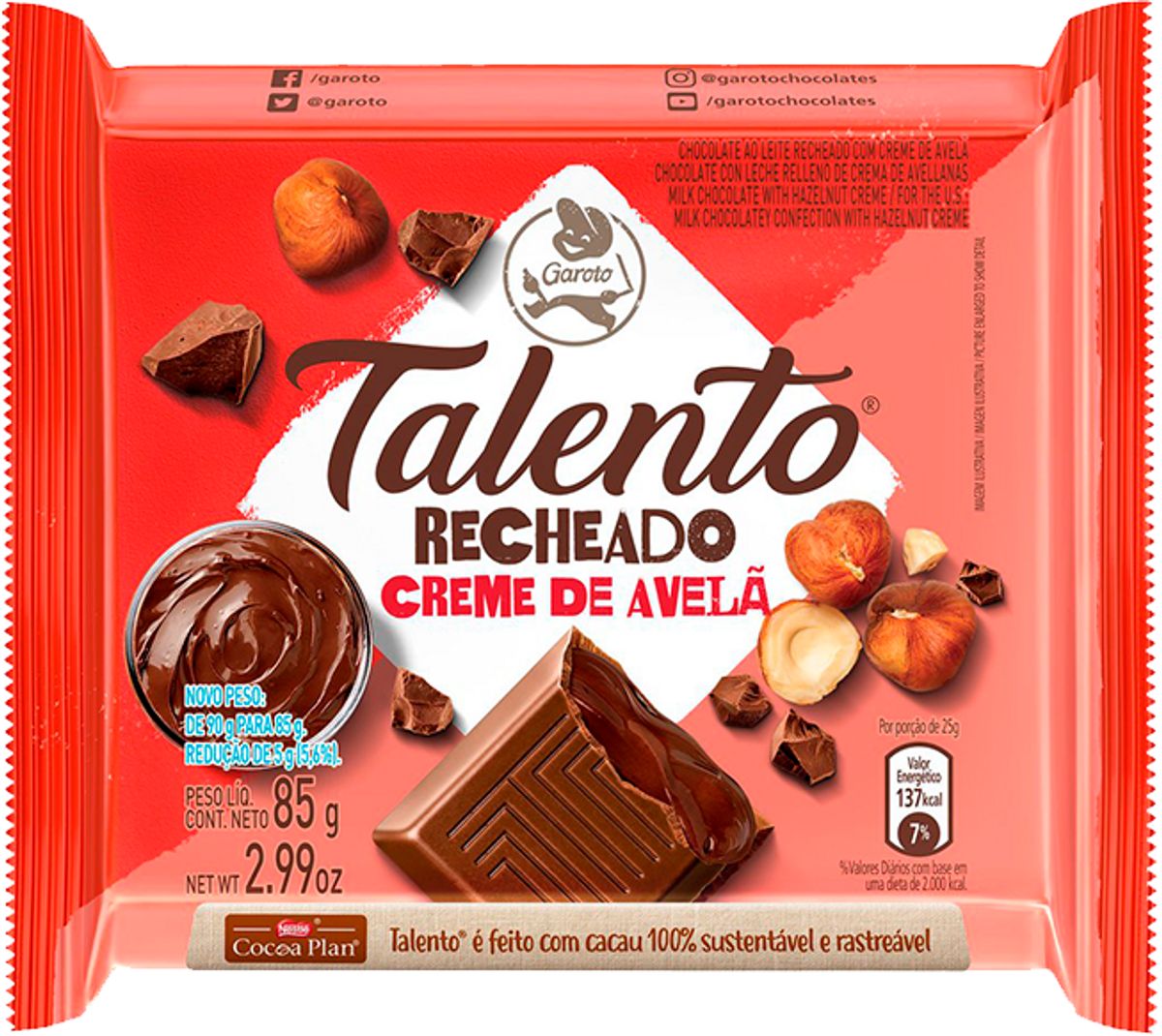 Chocolate TALENTO Recheado Creme de Avelã 85g