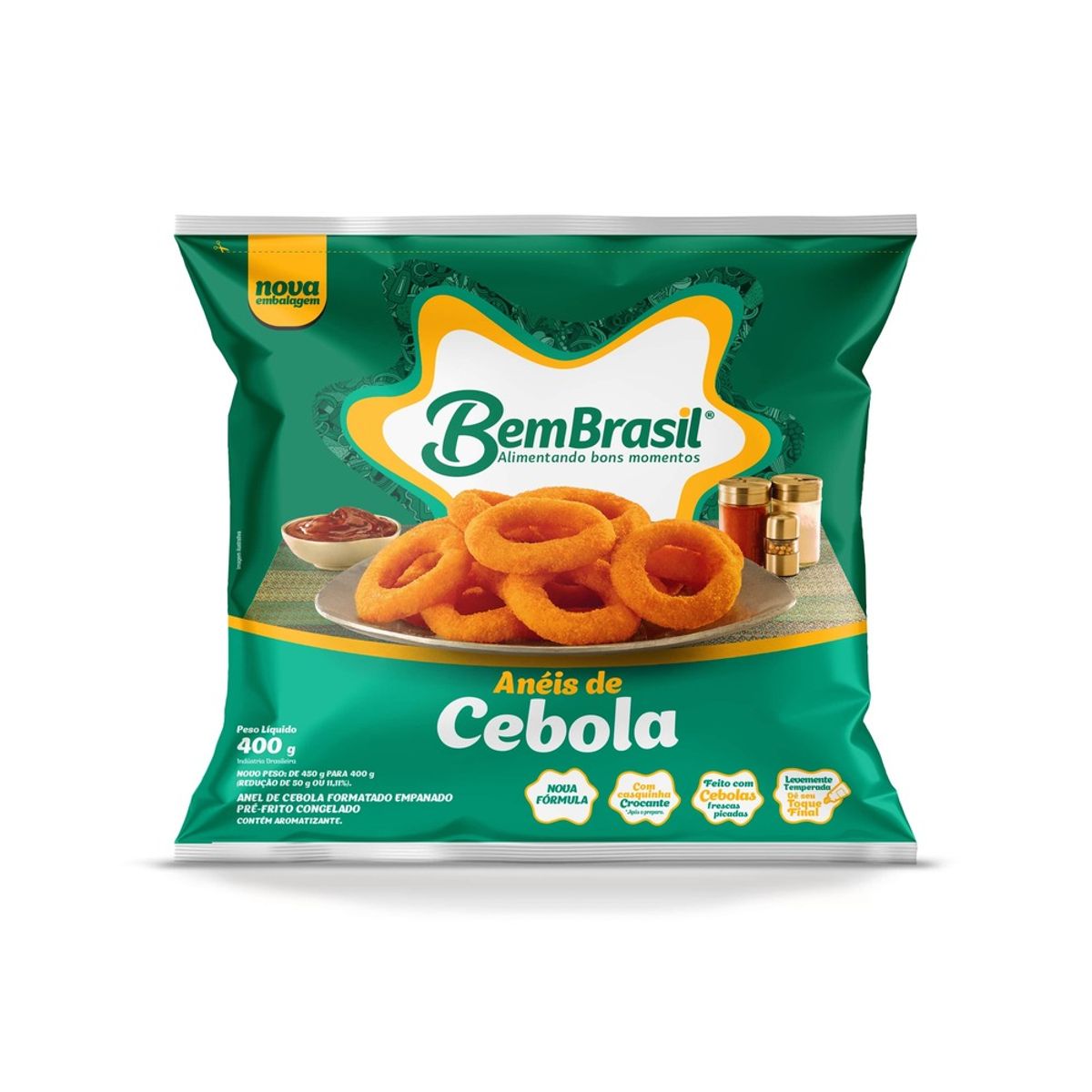 Anéis de Cebola Empanados Pré-Fritos Congelados Bem Brasil Pacote 400g
