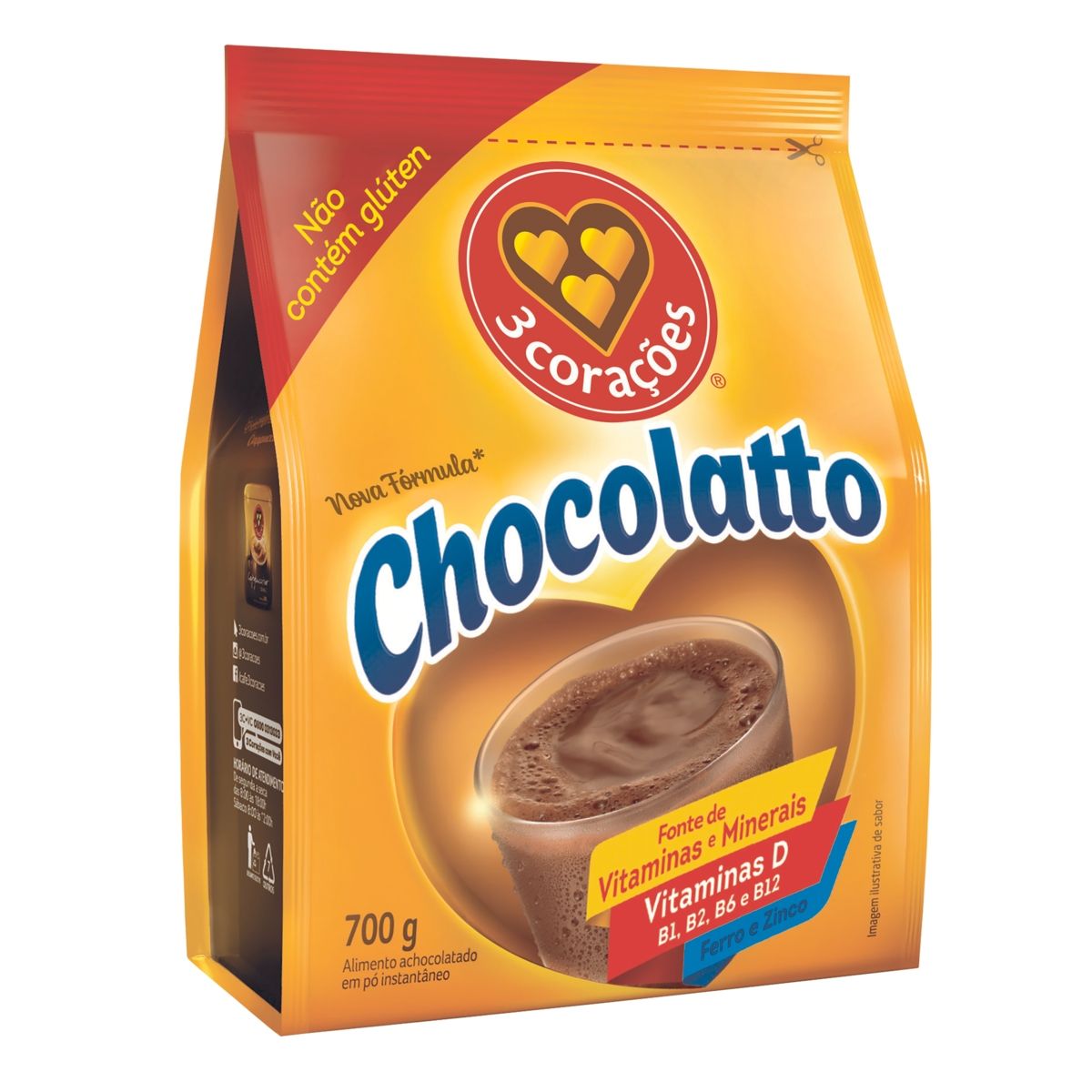 Achocolatado em Pó 3 Corações Chocolatto Pacote 700g image number 0