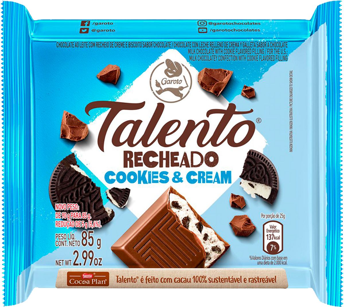 Chocolate TALENTO Recheado de Cookies & Cream 85g