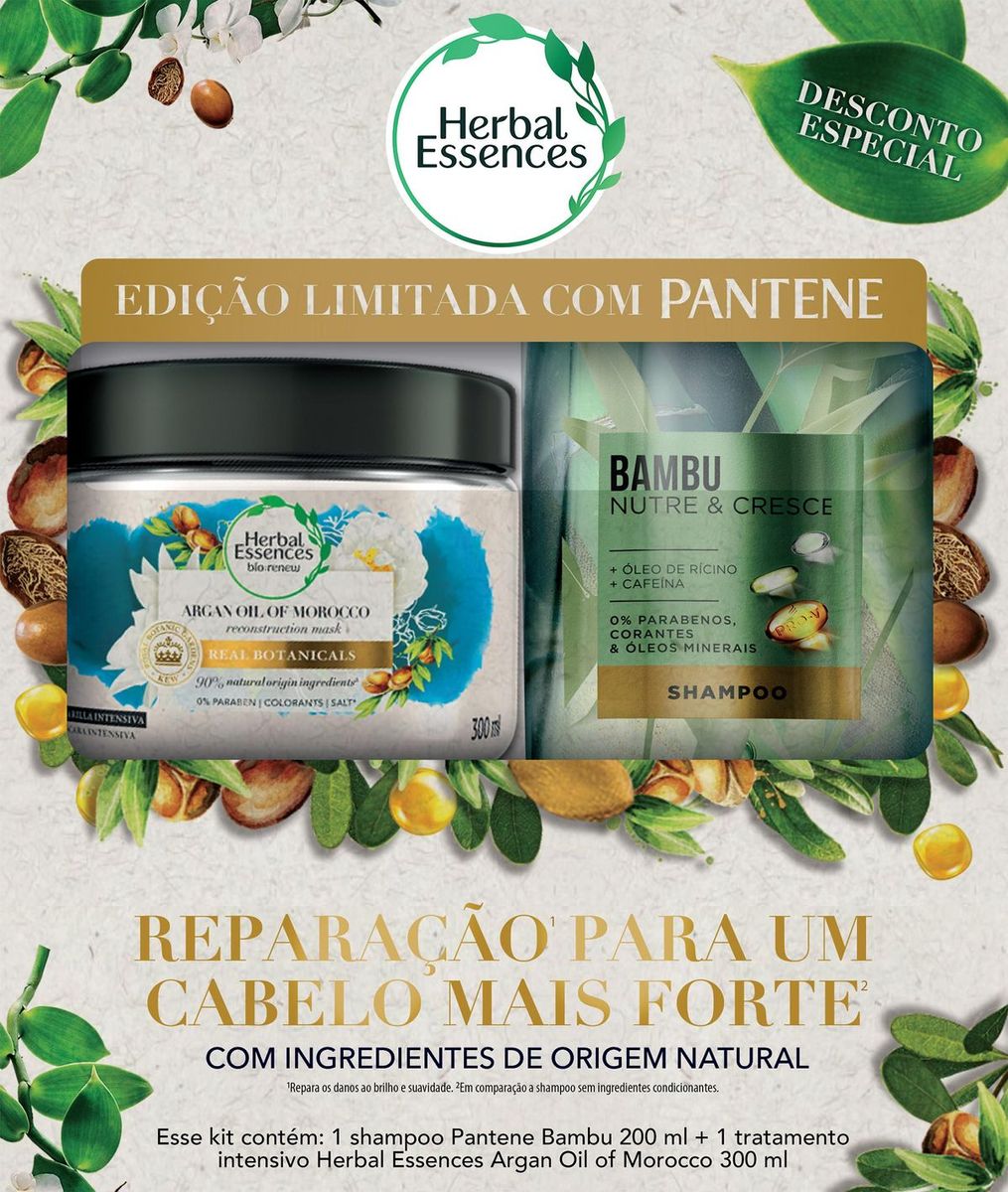 Kit Shampoo Pantene Bambu 200ml e Máscara Capilar Herbal Essences Reconstrução 300ml