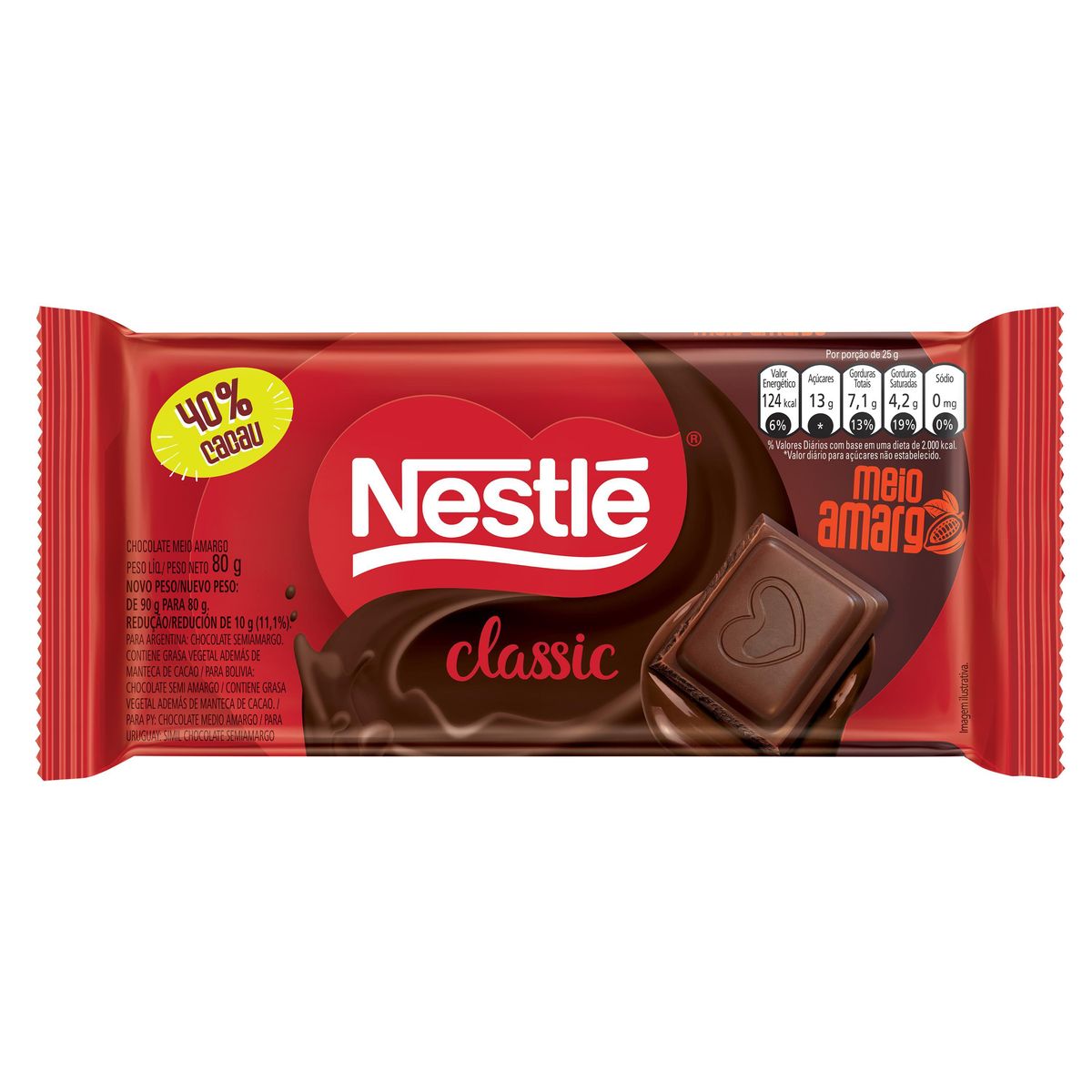 Chocolate Nestlé Classic Meio Amargo 40% Cacau 80g