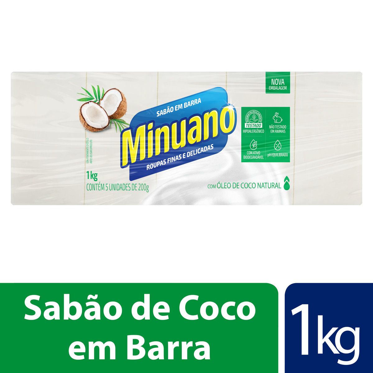 Sabão Barra Coco Minuano Pacote 1kg 5 Unidades image number 1