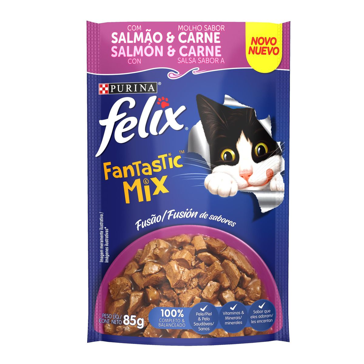 Alimento Felix Gatos Fantastic Mix Salmão e Carne 85g image number 0