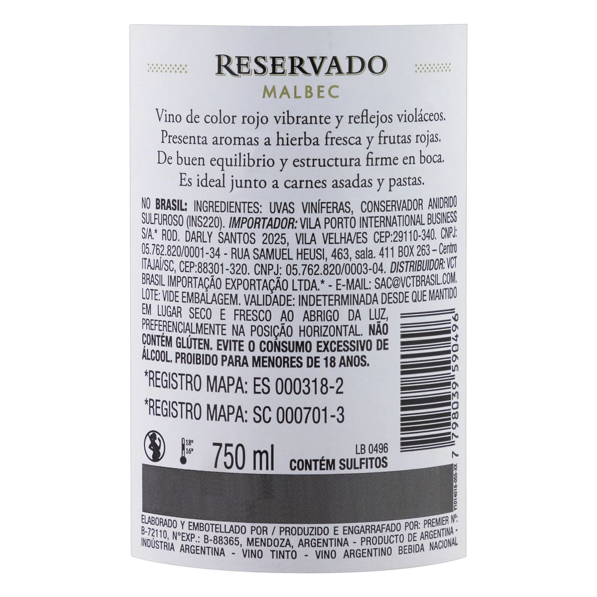 Vinho Argentino Tinto Meio Seco Reservado Malbec Garrafa 750ml image number 1