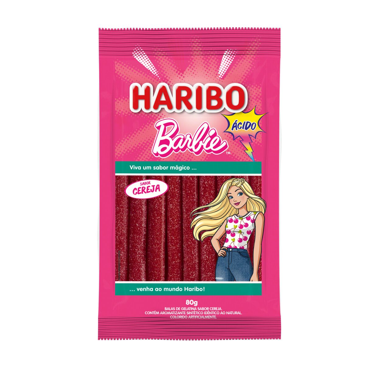 Bala de Gelatina Cereja Ácida Barbie Haribo Pacote 80g