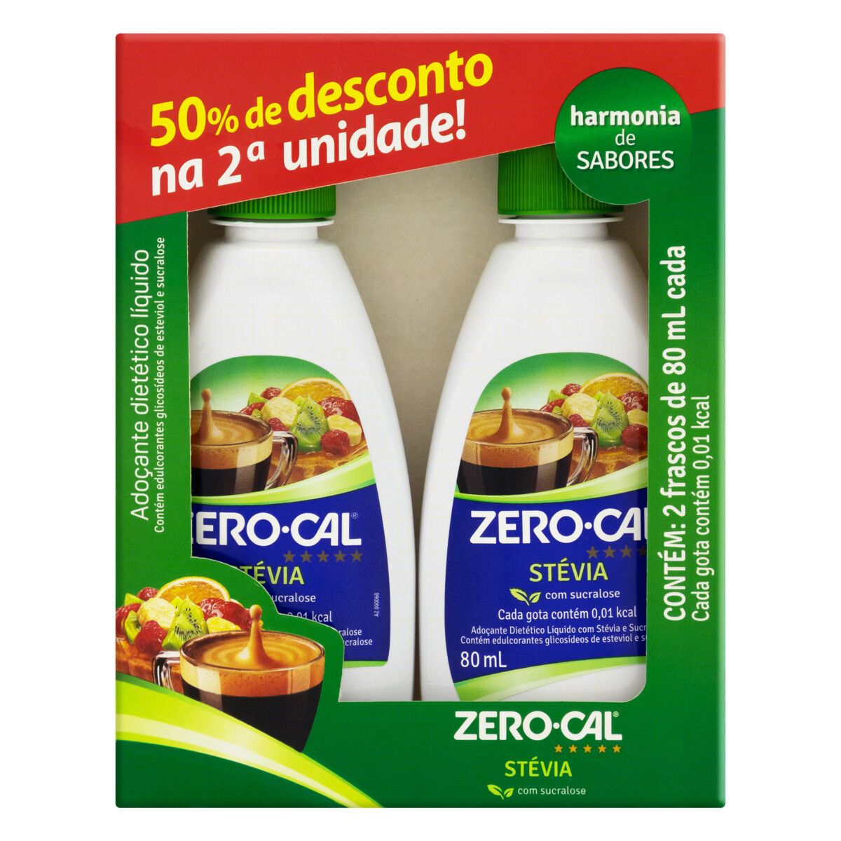 Pack Adoçante Líquido Stevia com Sucralose Zero Cal Caixa 160ml 2 Unidades Grátis 50% de Desconto na 2ª Unidade