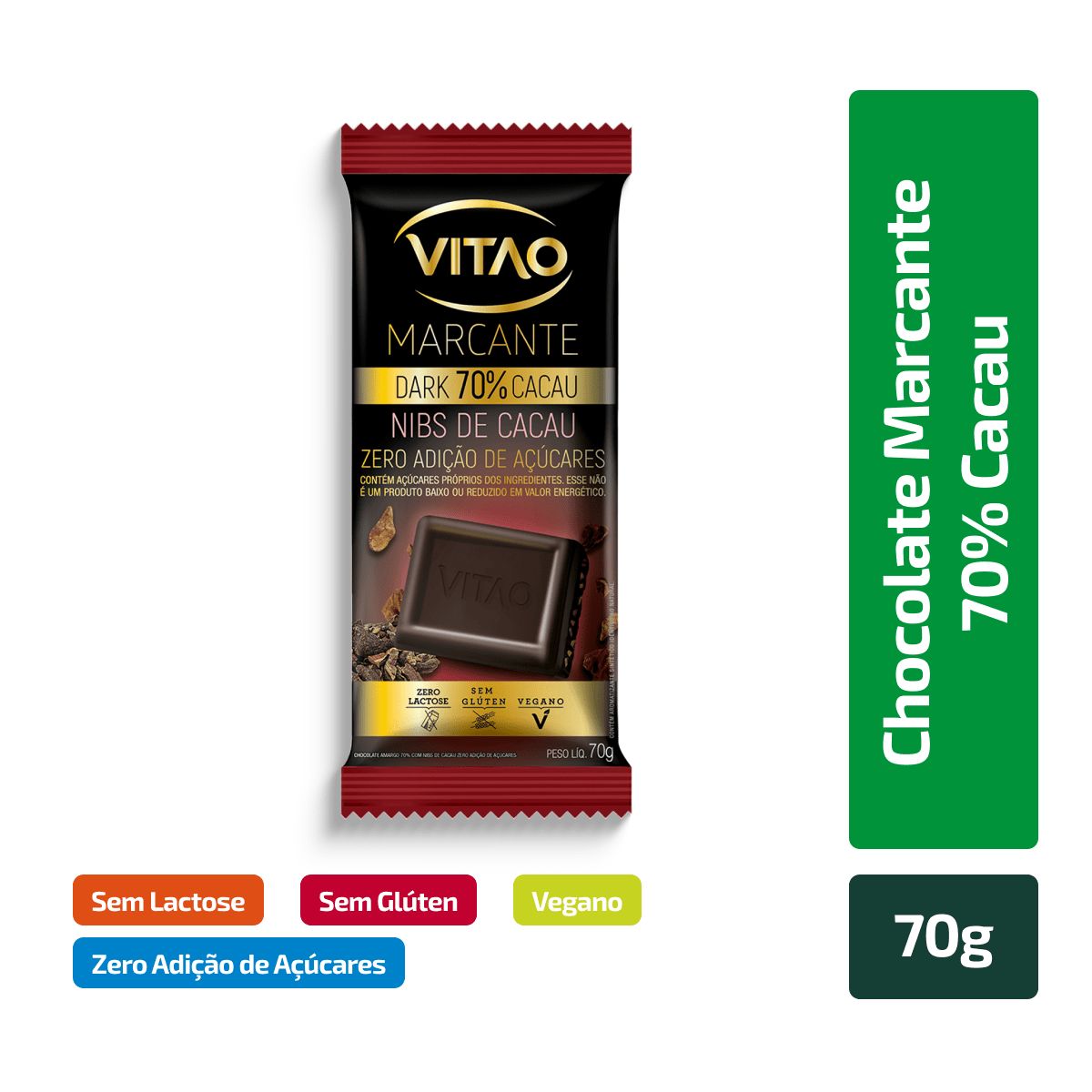 Chocolate Vitao Nibs de Cacau 70% Cacau Zero Açúcar 70g