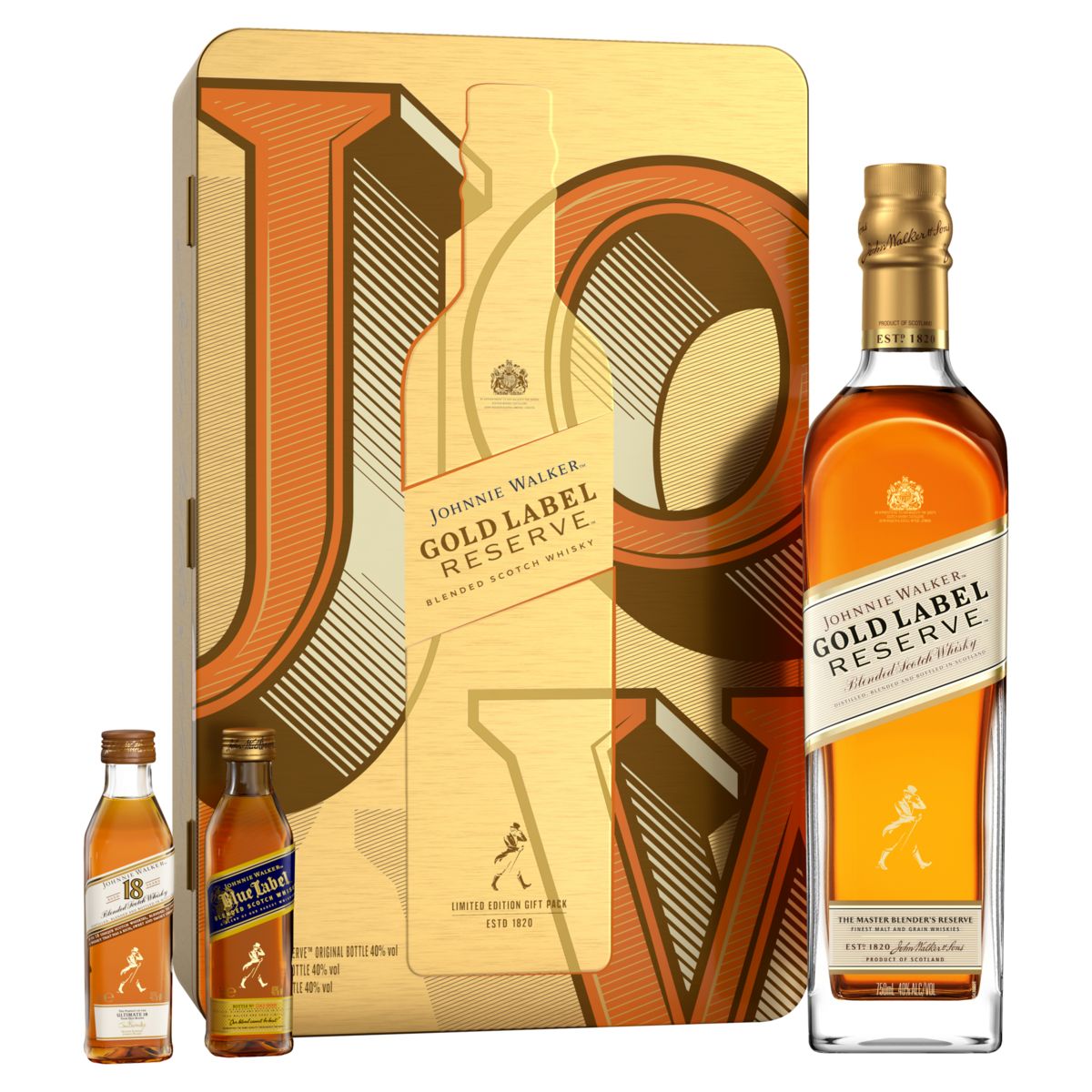 Kit Whisky Johnnie Walker Gold Label Reserve 750ml + Aged 50ml + Blue Label 50ml