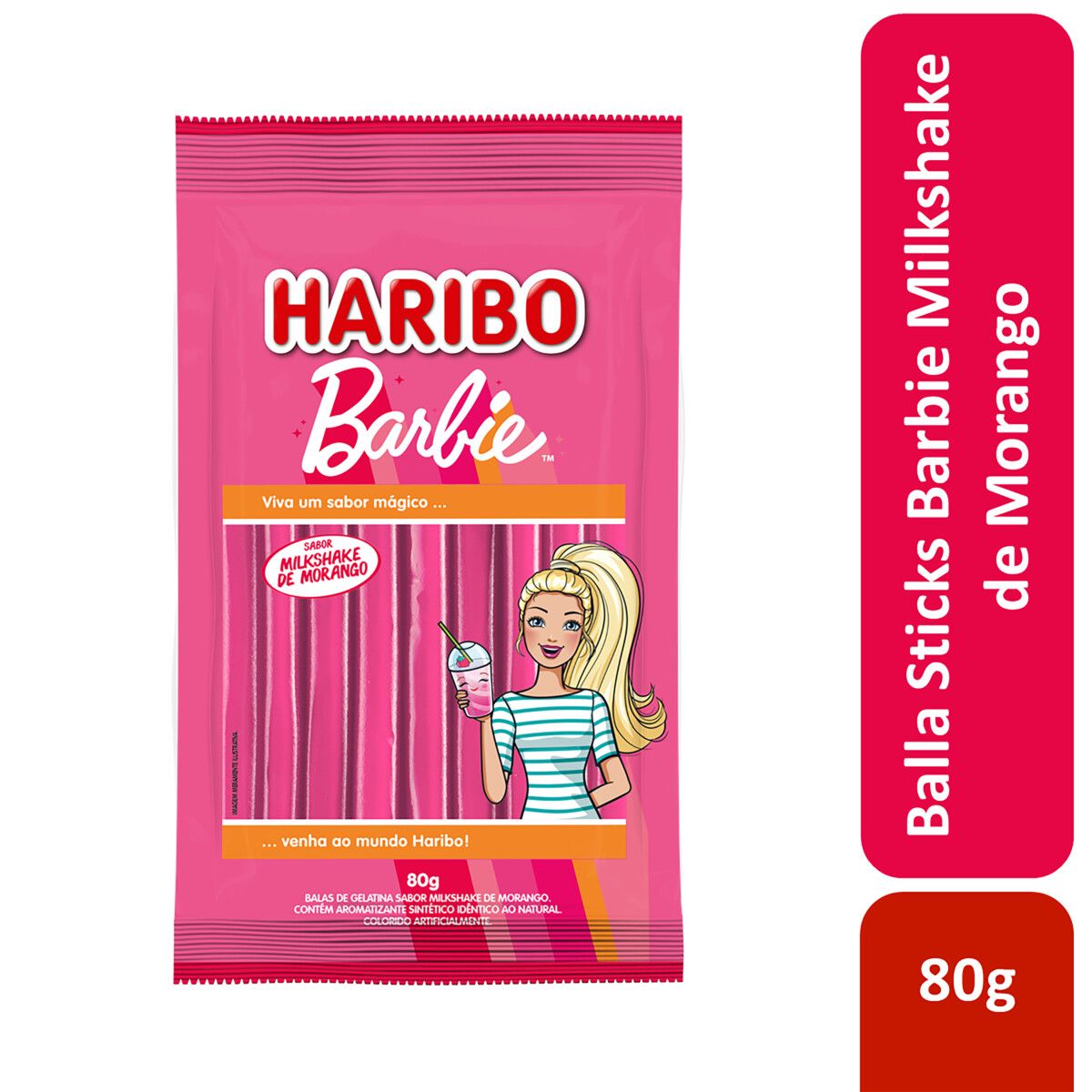 Bala de Gelatina Milkshake de Morango Barbie Haribo Pacote 80g image number 1