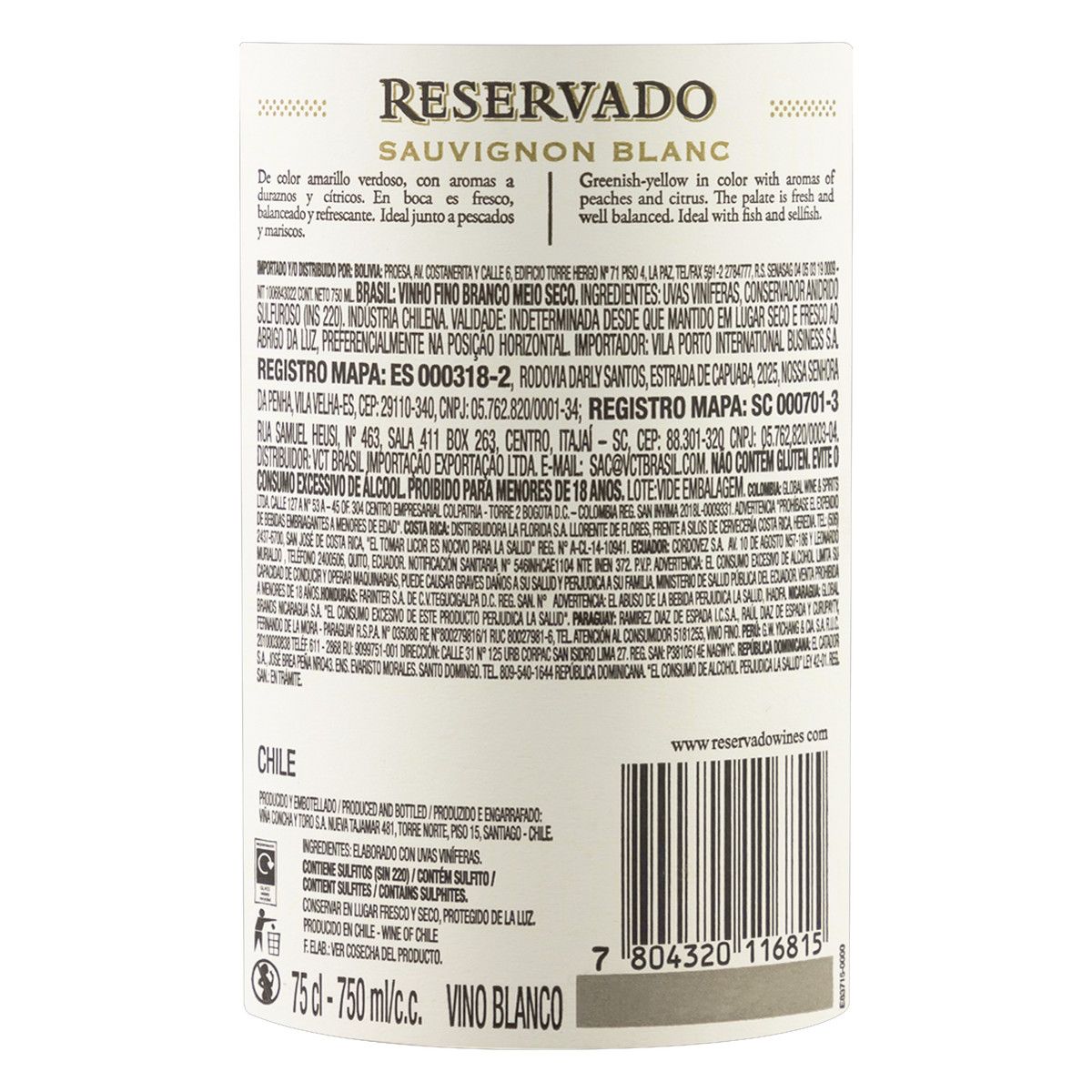 Vinho Chileno Branco Meio Seco Reservado Sauvignon Blanc Garrafa 750ml image number 2