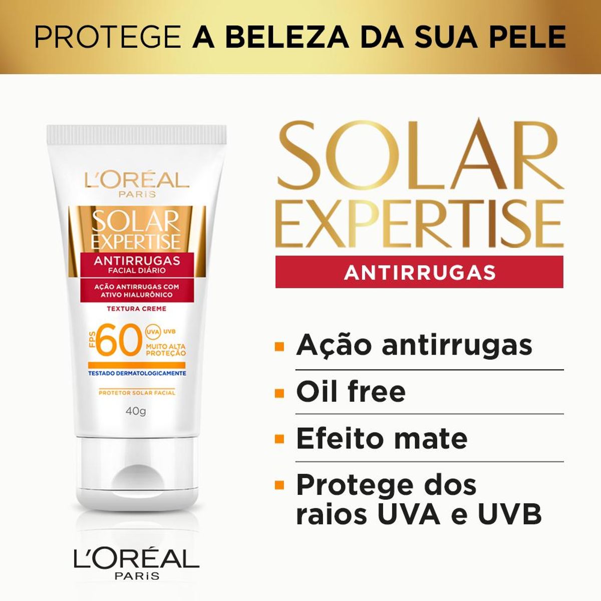 Protetor Solar Facial L'Oréal Paris Solar Expertise Antirrugas FPS 60, 40g image number 4