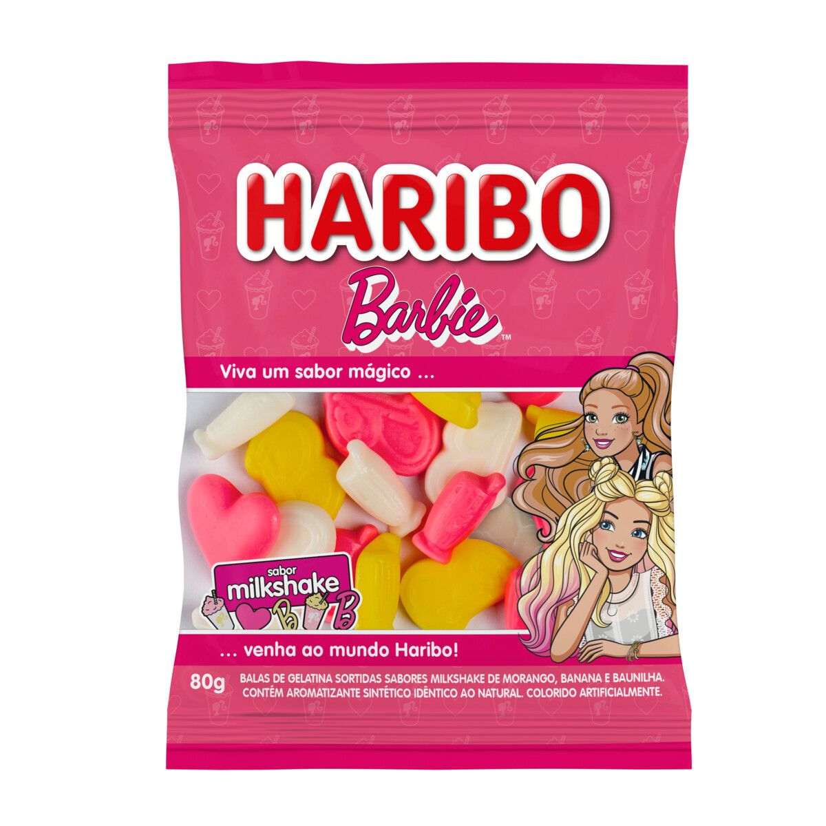 Bala de Gelatina Milkshake Barbie Haribo Pacote 80g image number 0