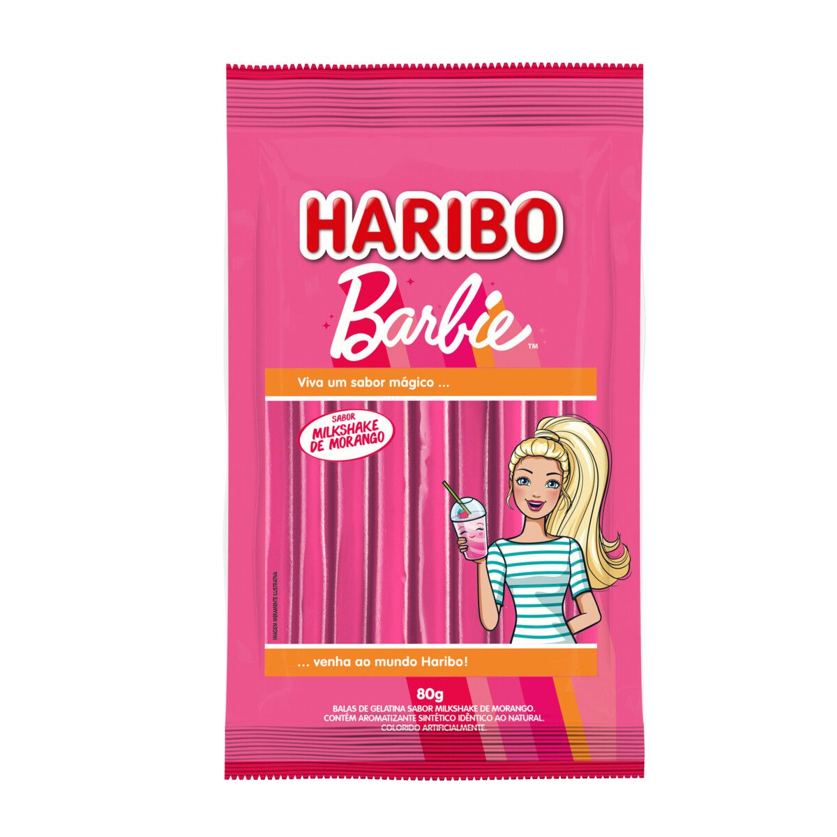 Bala de Gelatina Milkshake de Morango Barbie Haribo Pacote 80g