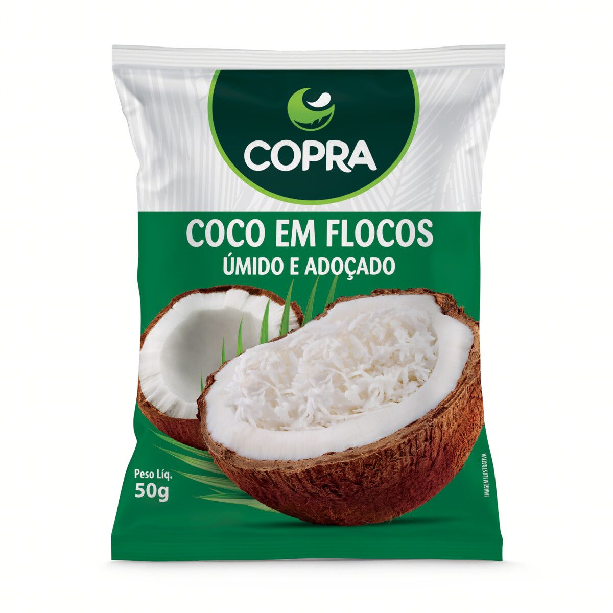 Coco Ralado Úmido Adoçado em Flocos Copra Pacote 50g