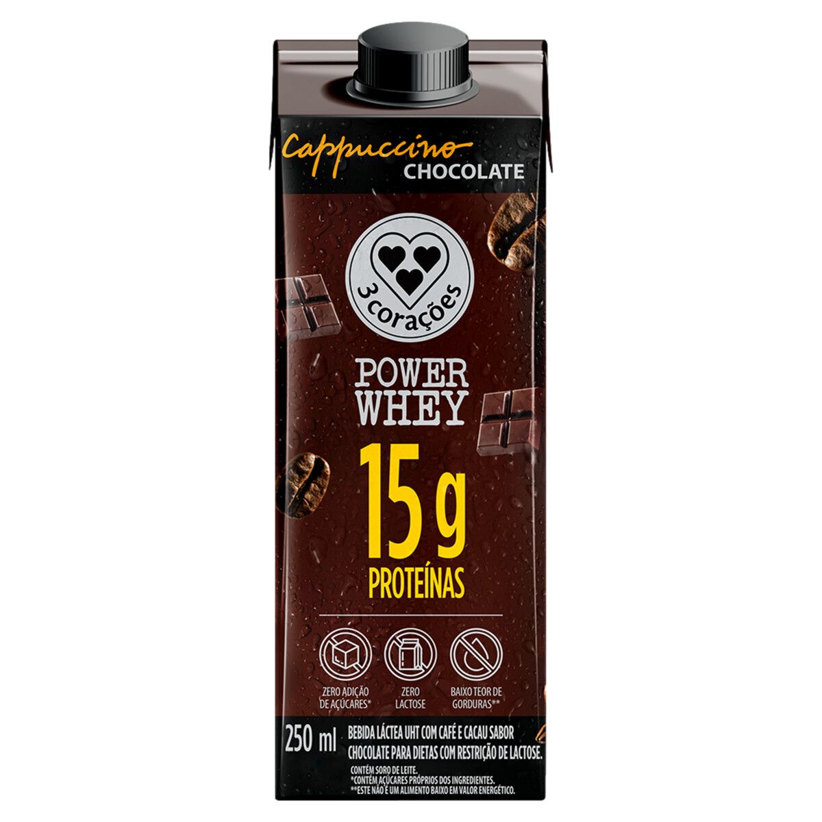 Bebida Láctea UHT 3 Corações Power Whey Cappuccino Chocolate 250ml